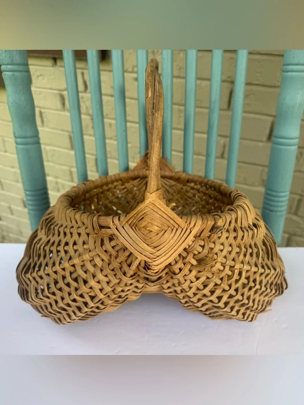 Vintage Handwoven Double Gathering Basket Egg Harvest Market Basket Woven Handle